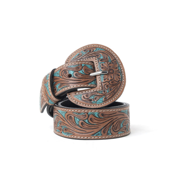 Western Wreath Leather Belt in Bronco Sky - Myra USA