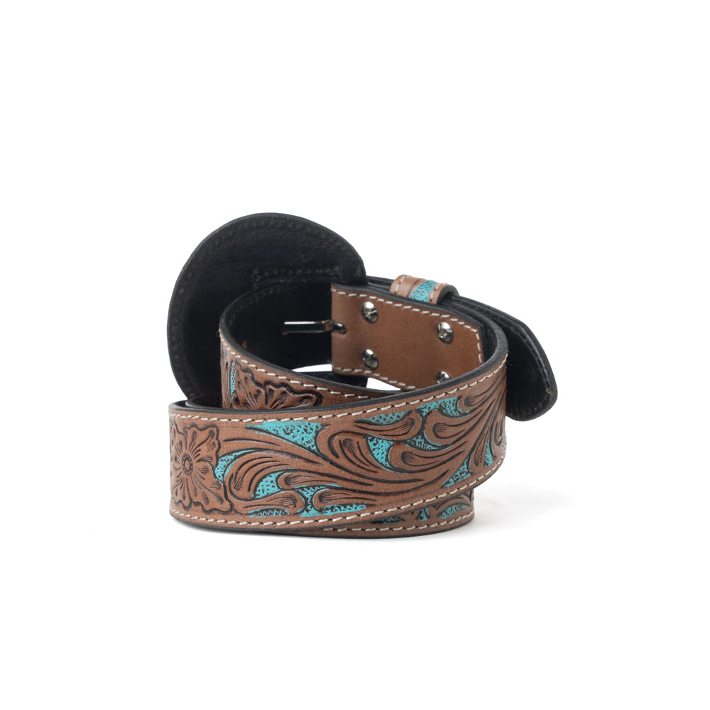 Western Wreath Leather Belt in Bronco Sky - Myra USA
