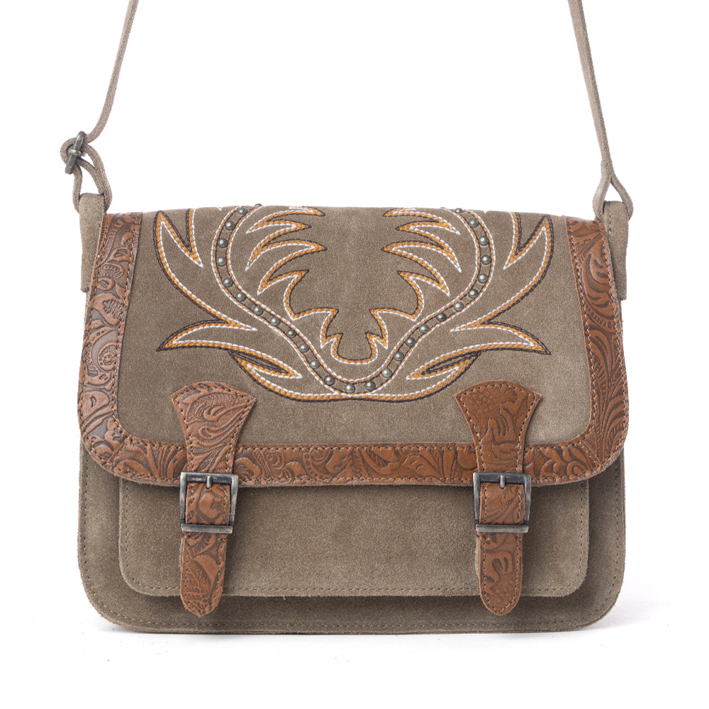 Myra Amberwood Suede Leather Boot Embroidered Bag in Olive Taupe - Myra USA