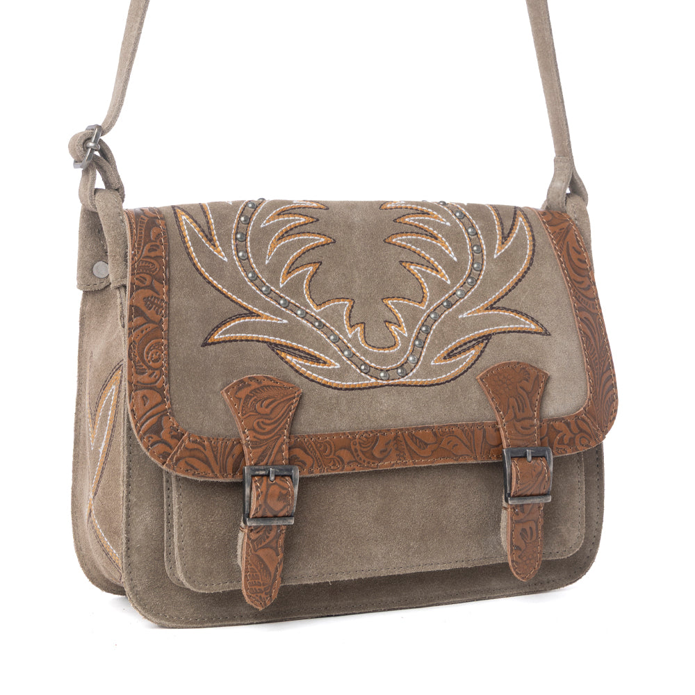 Myra Amberwood Suede Leather Boot Embroidered Bag in Olive Taupe - Myra USA