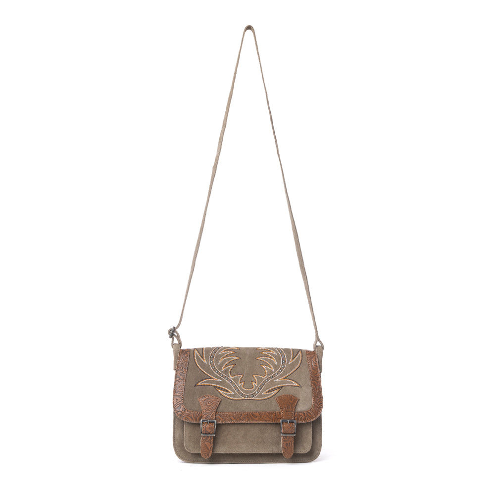 Myra Amberwood Suede Leather Boot Embroidered Bag in Olive Taupe - Myra USA