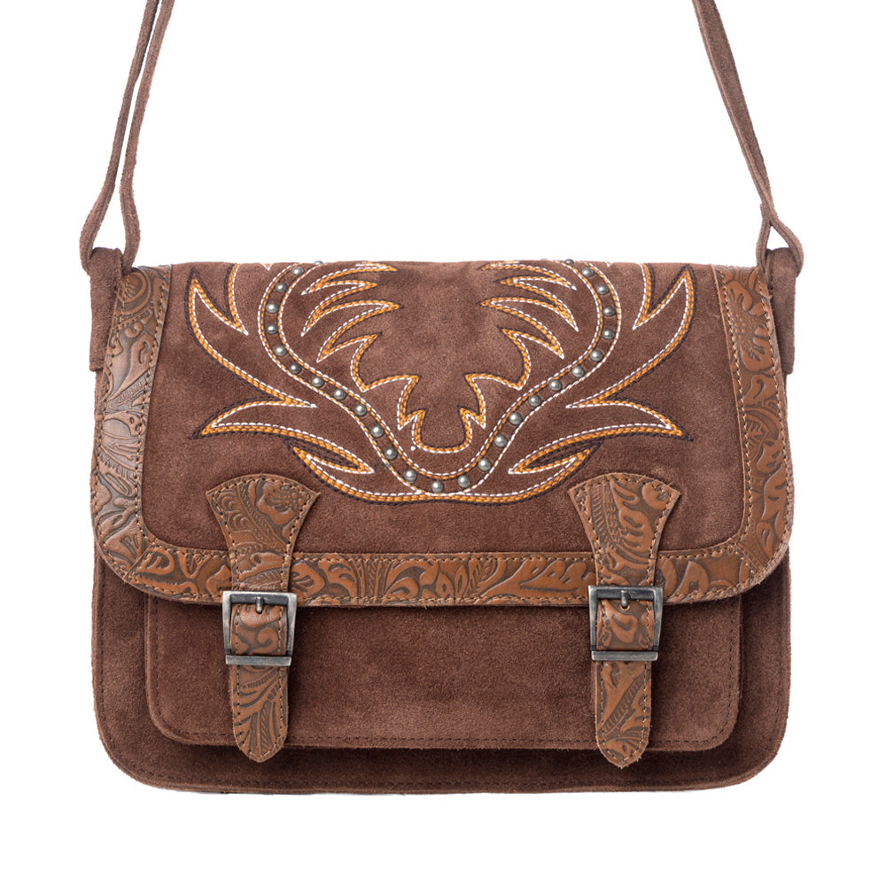 Myra Amberwood Suede Leather Boot Embroidered Leather Bag in Chestnut Brown - Myra USA