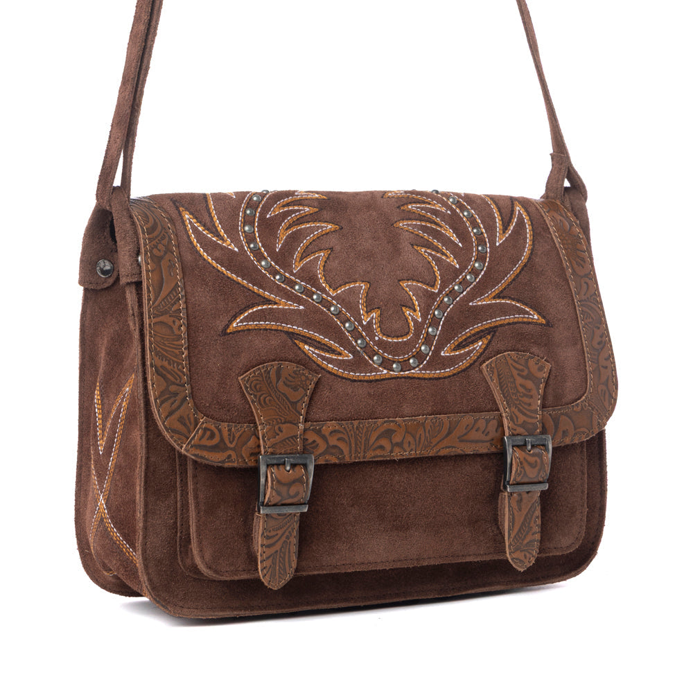 Myra Amberwood Suede Leather Boot Embroidered Leather Bag in Chestnut Brown - Myra USA