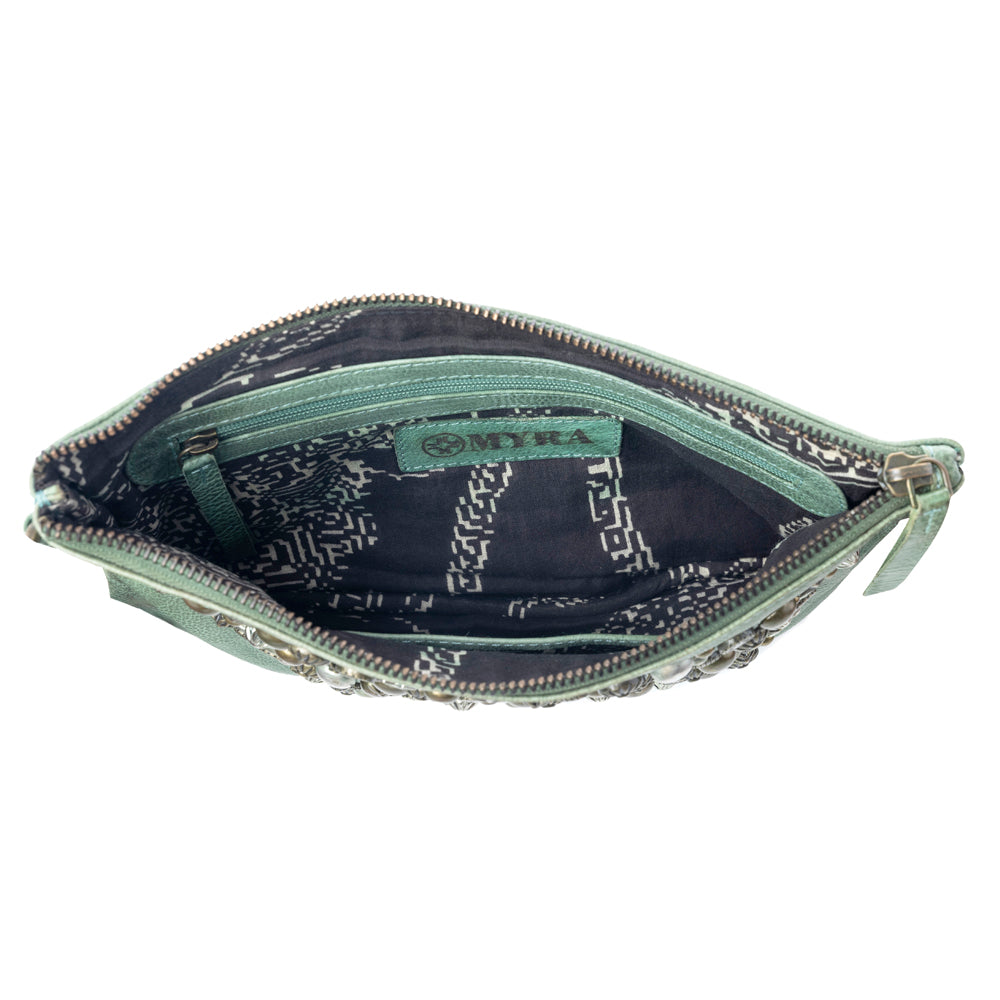 Myra Empire Green Studded Wash Leather Pouch in Desert Olive - Myra USA