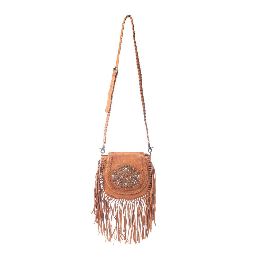 Myra Festival Ember Studded Leather Bag with Fringes in Western Clay - Myra USA