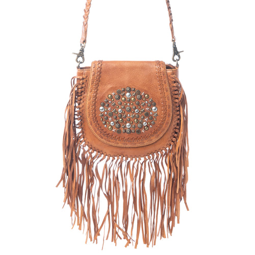 Myra Festival Ember Studded Leather Bag with Fringes in Western Clay - Myra USA