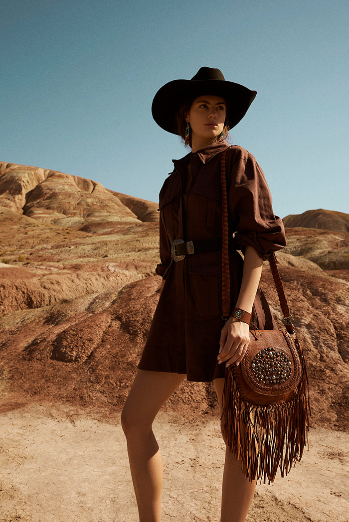 Myra Festival Ember Studded Leather Bag with Fringes in Western Clay - Myra USA