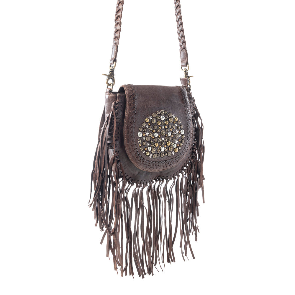 Myra Luna Belle Studded Leather Bag with Fringes in Maverick Mocha
