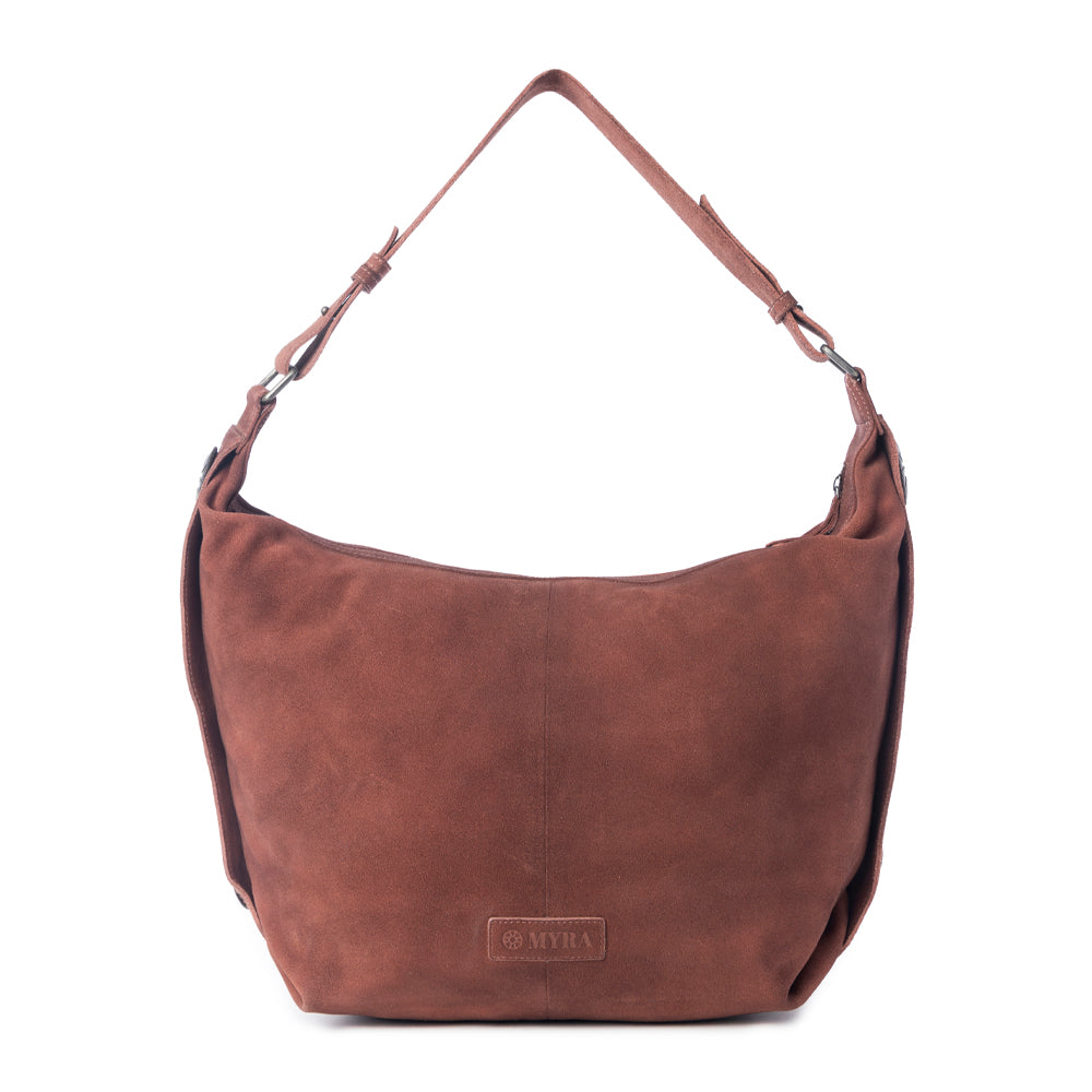 Myra Paradise Valley Suede Leather Shoulder Bag in Auburn Brown