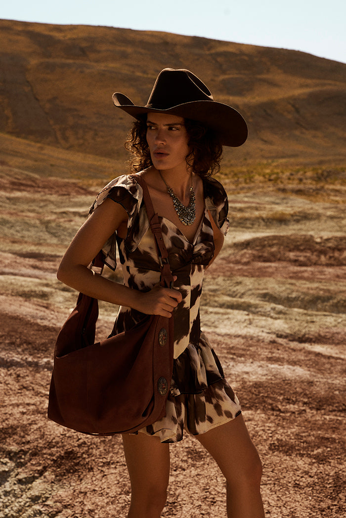 Myra Paradise Valley Suede Leather Shoulder Bag in Auburn Brown