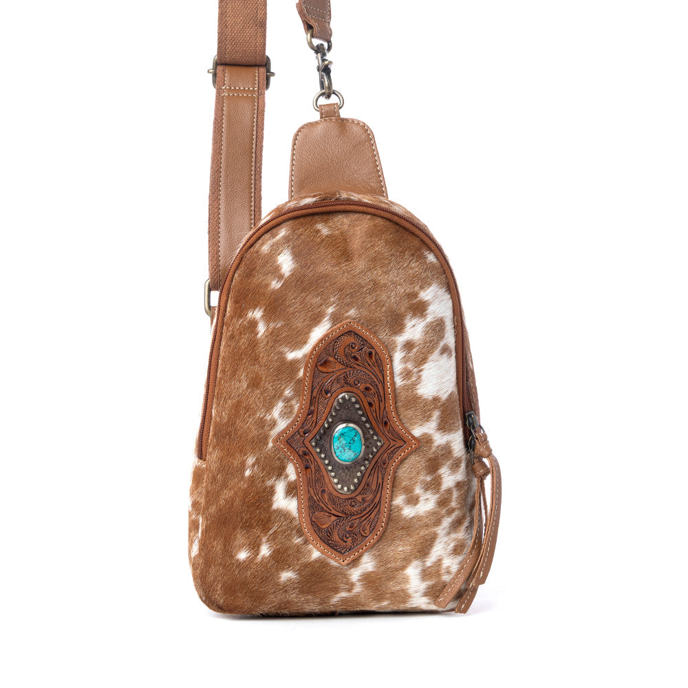 Myra Horizon Vale Handtooled Hairon Leather Fanny Pack in Warm Caramel - Myra USA