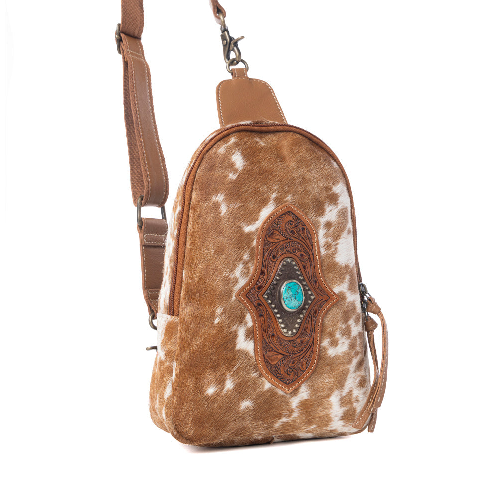 Myra Horizon Vale Handtooled Hairon Leather Fanny Pack in Warm Caramel - Myra USA