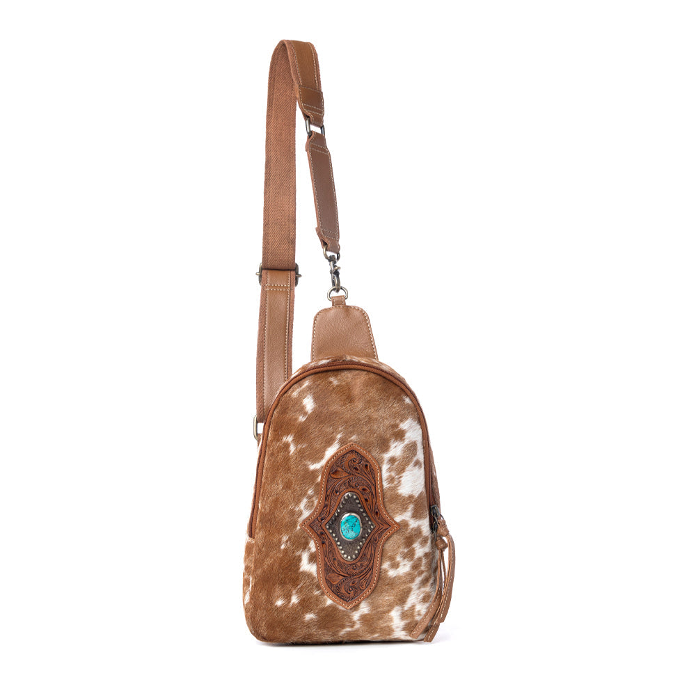 Myra Horizon Vale Handtooled Hairon Leather Fanny Pack in Warm Caramel - Myra USA