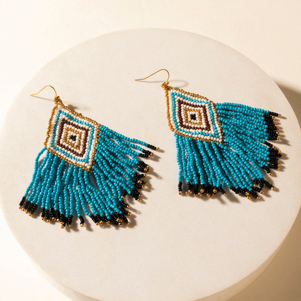 Myra Bluebonnet Range Beaded Fringe Earrings in Halo Blue - Myra USA