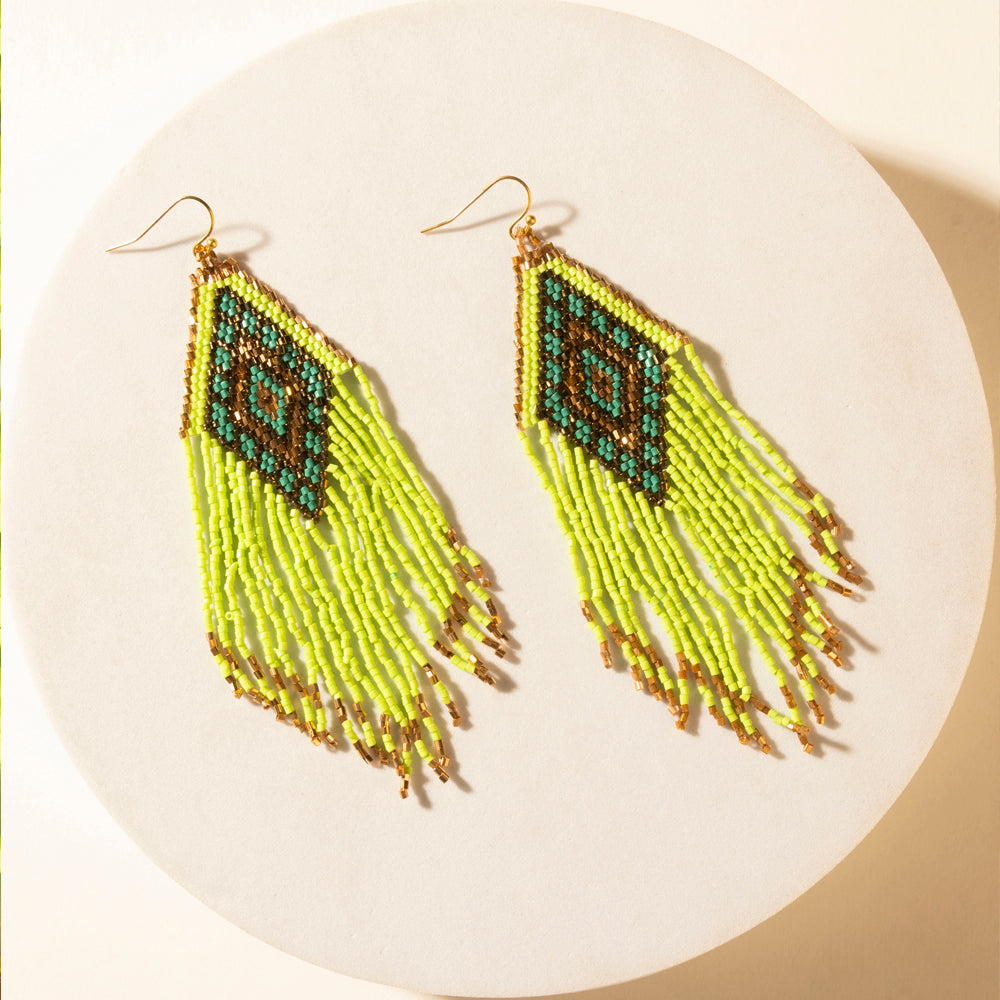 Myra Desert Neon Beaded Fringe Earrings in Glow Green - Myra USA