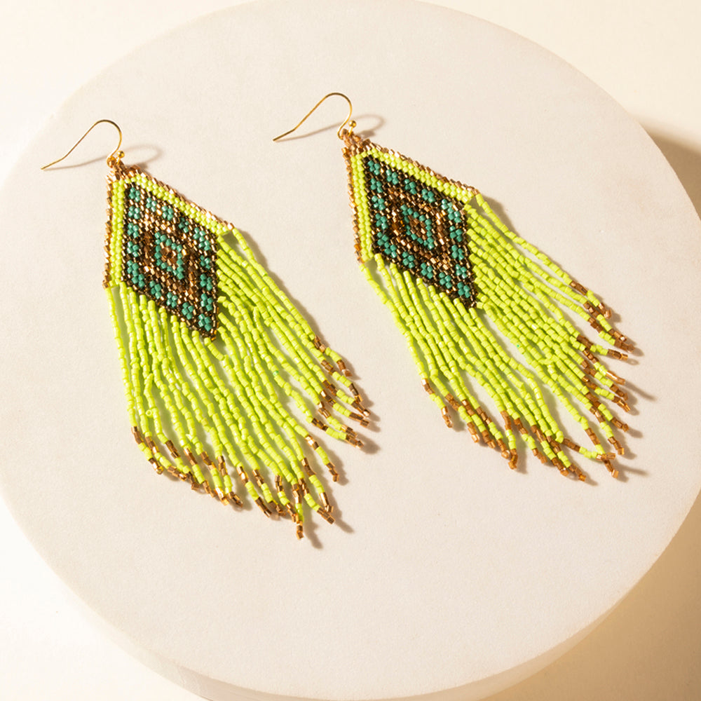 Myra Desert Neon Beaded Fringe Earrings in Glow Green - Myra USA