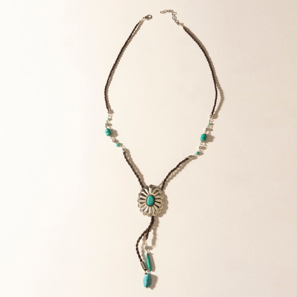 Myra Desert Concho Leather Long Drop Necklace in Sierra Turquoise - Myra USA