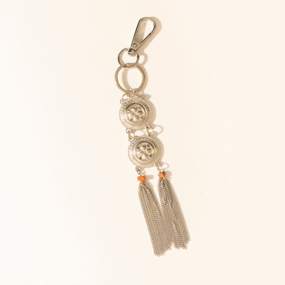 Myra Duo Medallion Tassel Keychain in Nickel Steel - Myra USA