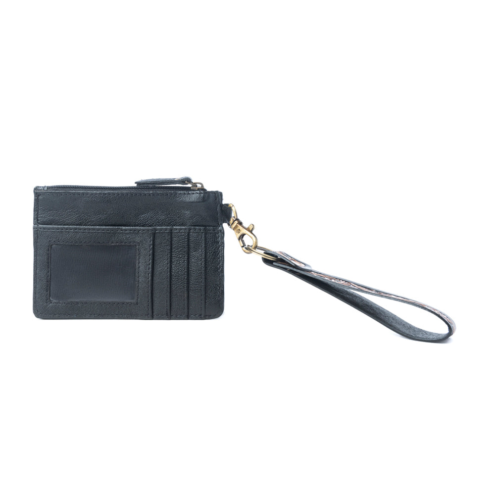 Myra Lone Eclipse Handtooled Hairon Leather Card Holder in Saddle Storm