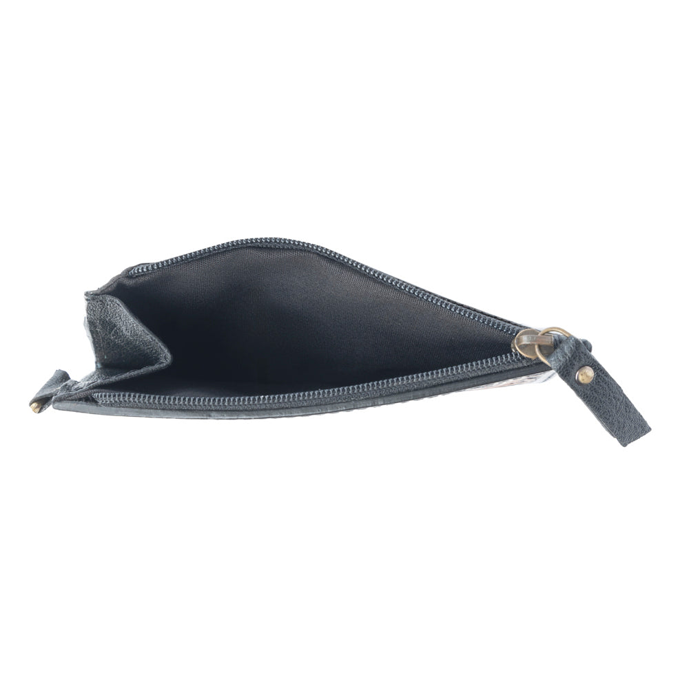 Myra Lone Eclipse Handtooled Hairon Leather Card Holder in Saddle Storm