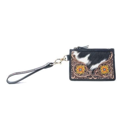 Myra Wildflower Mesa Handtooled Hairon Leather Card Holder In Prairie Amber - Myra USA