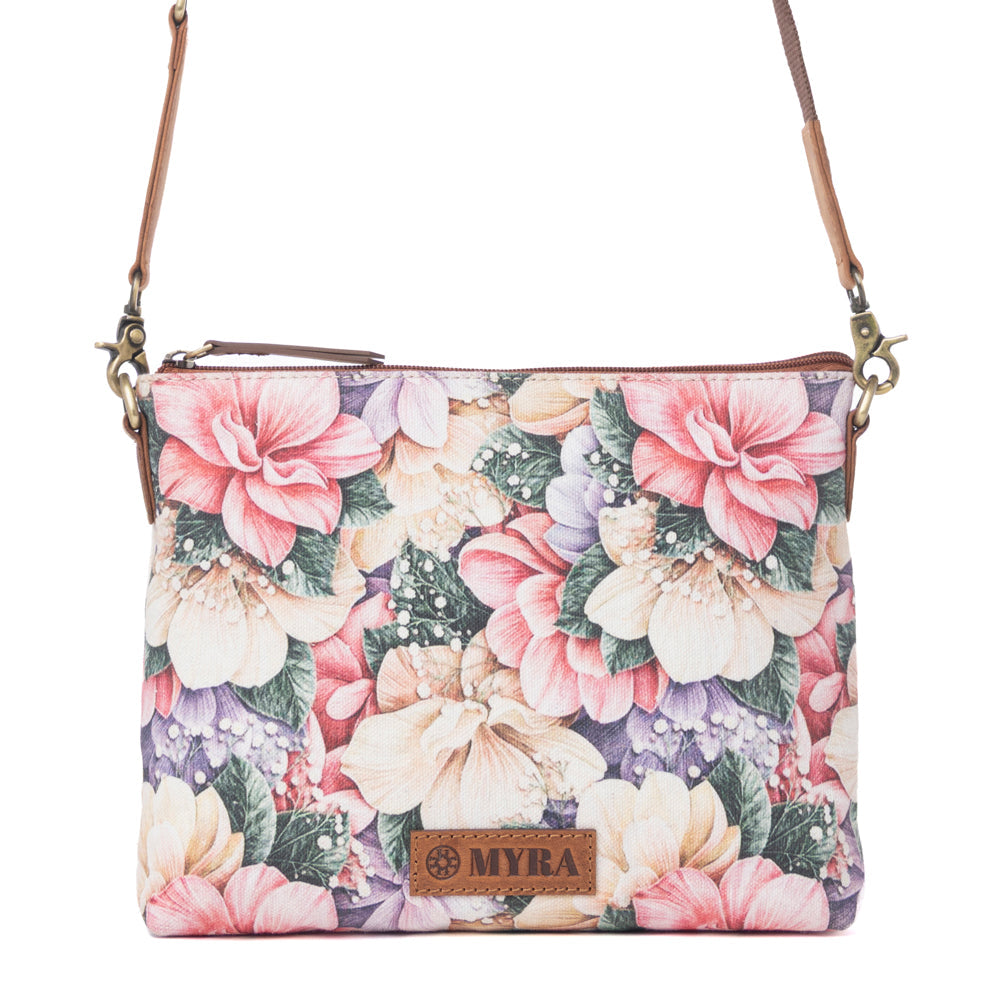 Myra Wildflower Trail Cotton & Leather Crossbody Bag in Vintage Rose - Myra USA