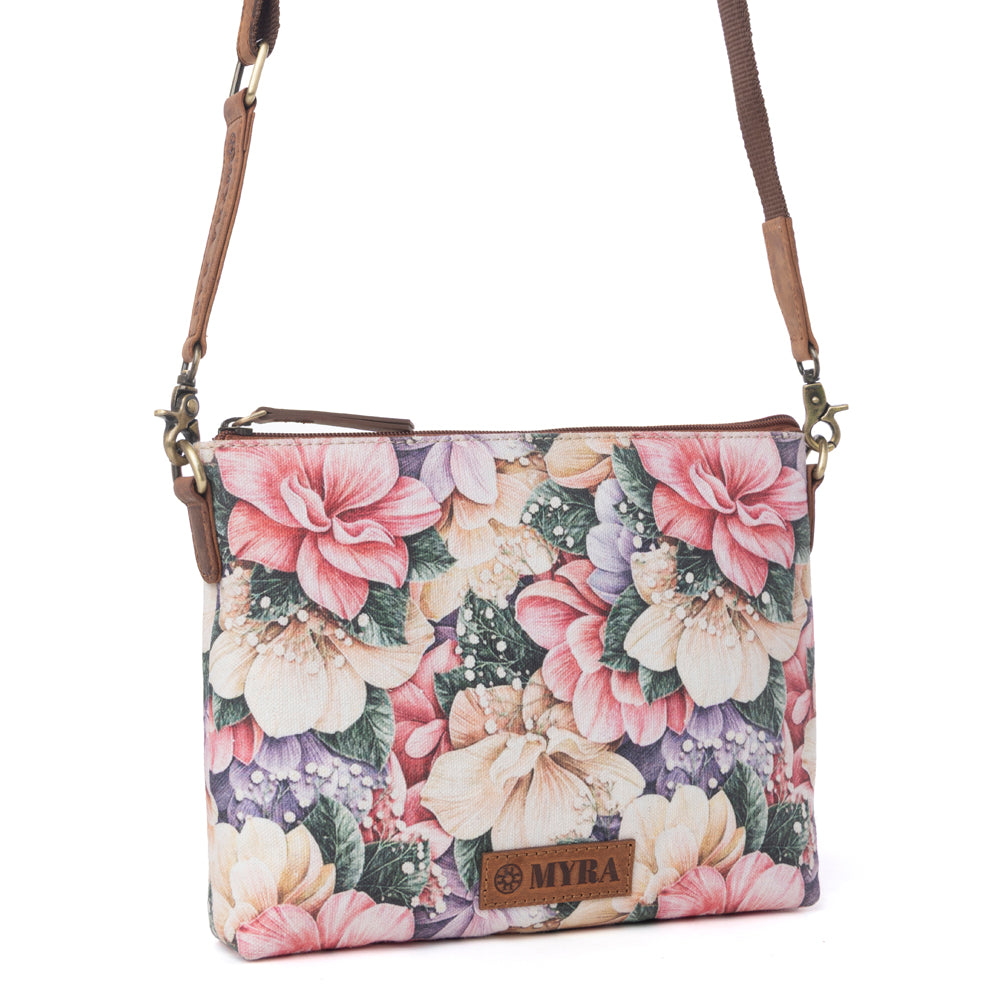 Myra Wildflower Trail Cotton & Leather Crossbody Bag in Vintage Rose - Myra USA