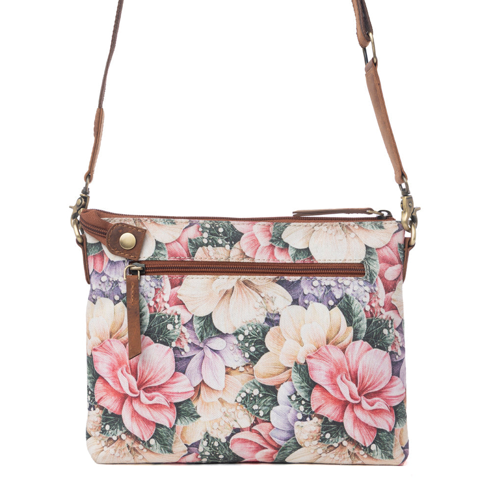 Myra Wildflower Trail Cotton & Leather Crossbody Bag in Vintage Rose - Myra USA