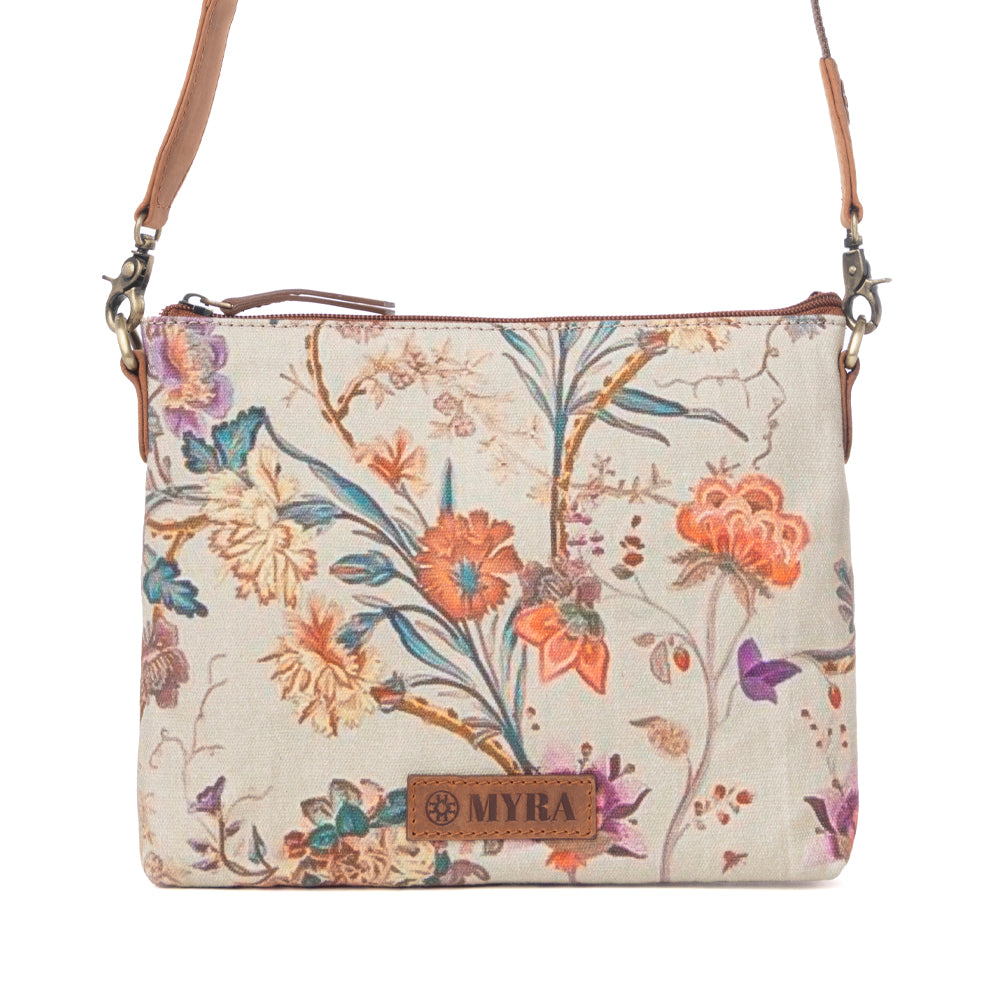 Myra Wildflower Trail Cotton & Leather Crossbody Bag in Sunlit Bloom - Myra USA
