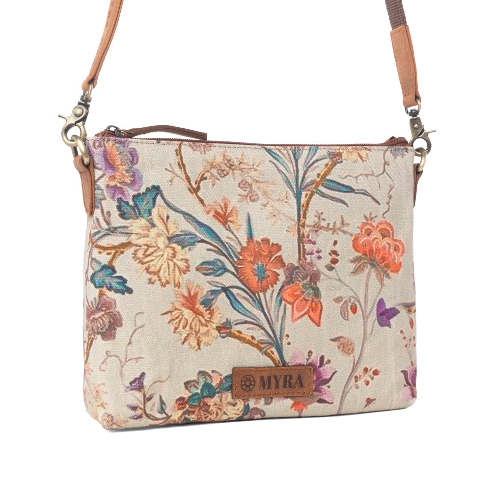 Myra Wildflower Trail Cotton & Leather Crossbody Bag in Sunlit Bloom - Myra USA
