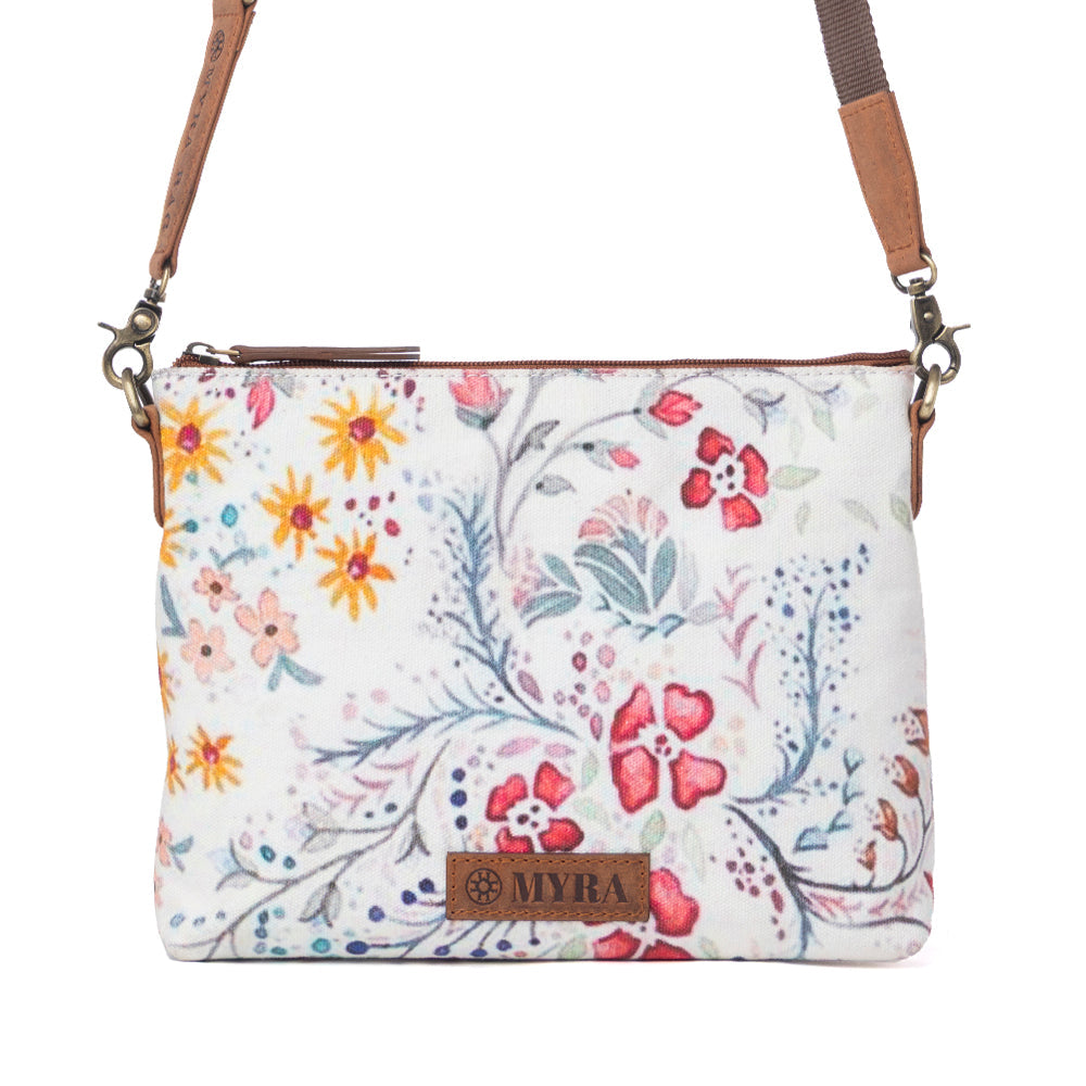 Myra Wildflower Trail Cotton & Leather Crossbody Bag in Spring Sand - Myra USA