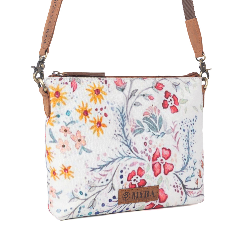 Myra Wildflower Trail Cotton & Leather Crossbody Bag in Spring Sand - Myra USA
