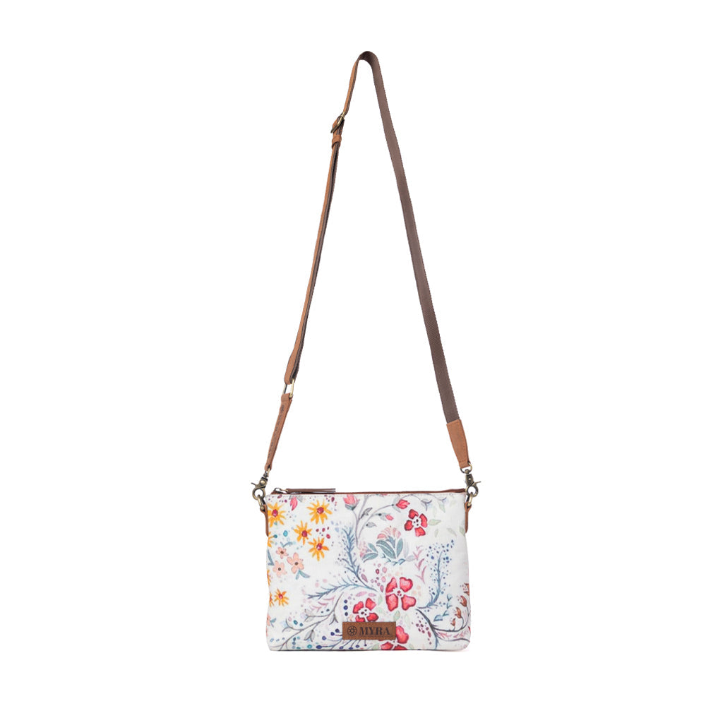 Myra Wildflower Trail Cotton & Leather Crossbody Bag in Spring Sand - Myra USA