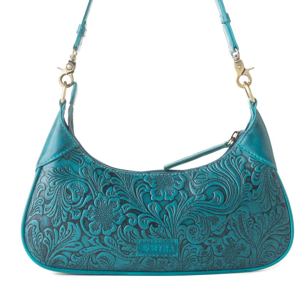 Heritage Vine Embossed Leather Bag for Women in turquoise with shoulder strap - Myra USA