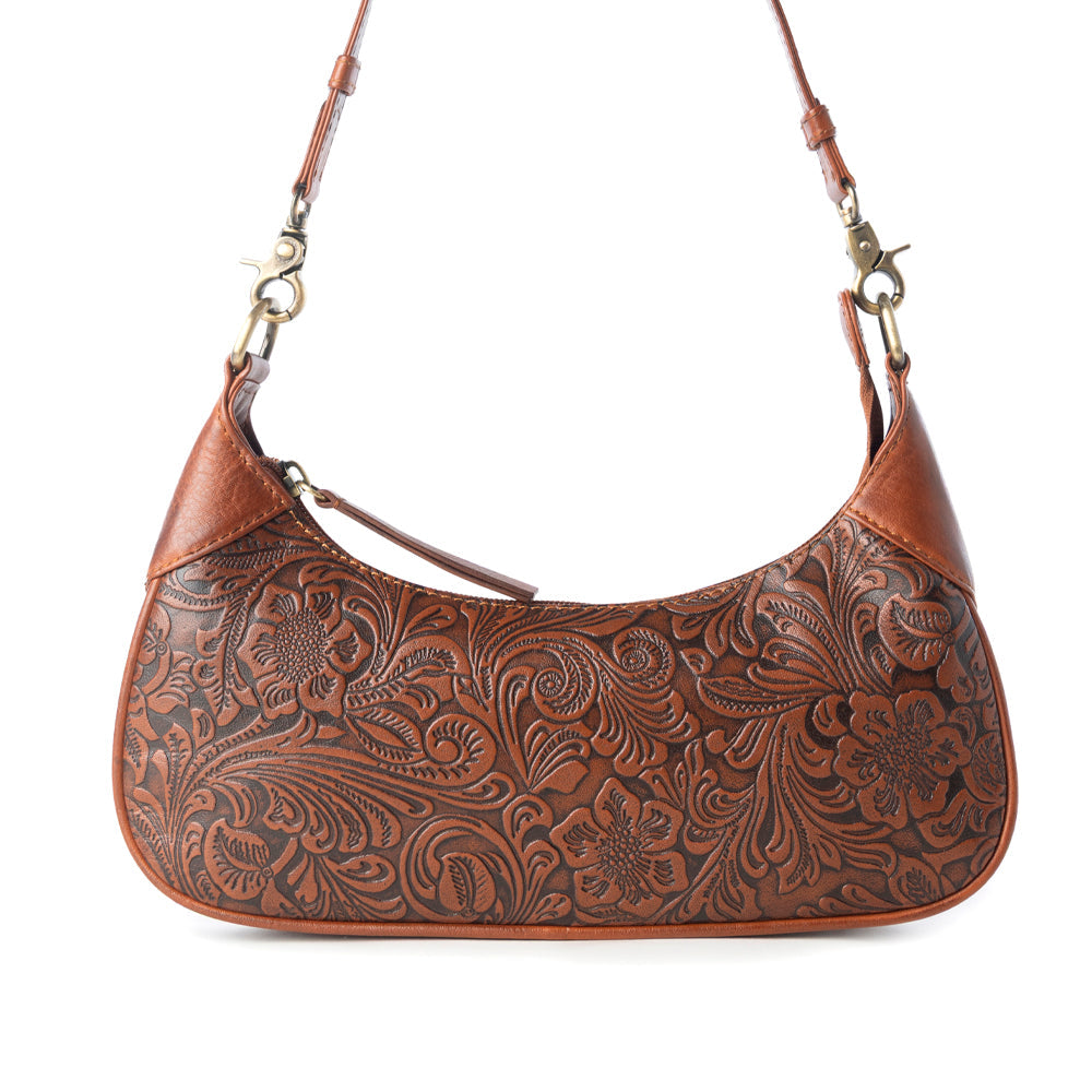 Heritage Vine Embossed Leather Bag for Women in Brown with shoulder strap - Myra USA
