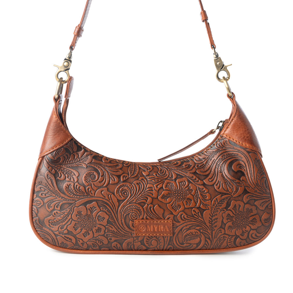 Heritage Vine Embossed Leather Bag for Women in Brown with shoulder strap - Myra USA
