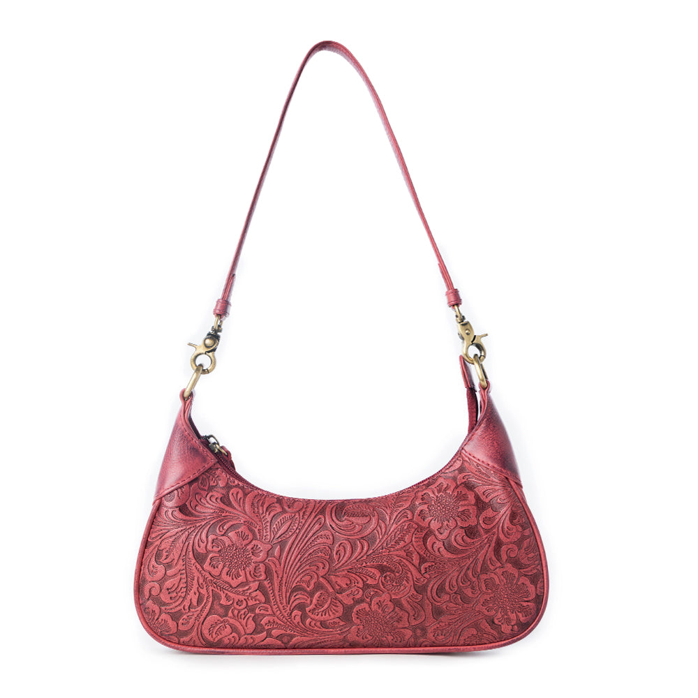 Heritage Vine Embossed Leather Bag for Women in Red with shoulder strap - Myra USA