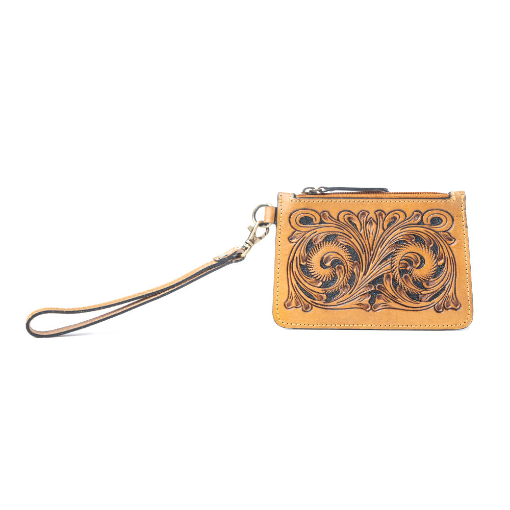 Myra Sierra Scroll Handtooled Card Holder in Bronco Umber