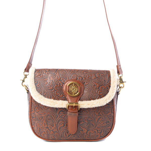 Myra Alpine Rose Embossed Leather Crossbody Bag with Fur Accent in Chestnut Red - Myra USA