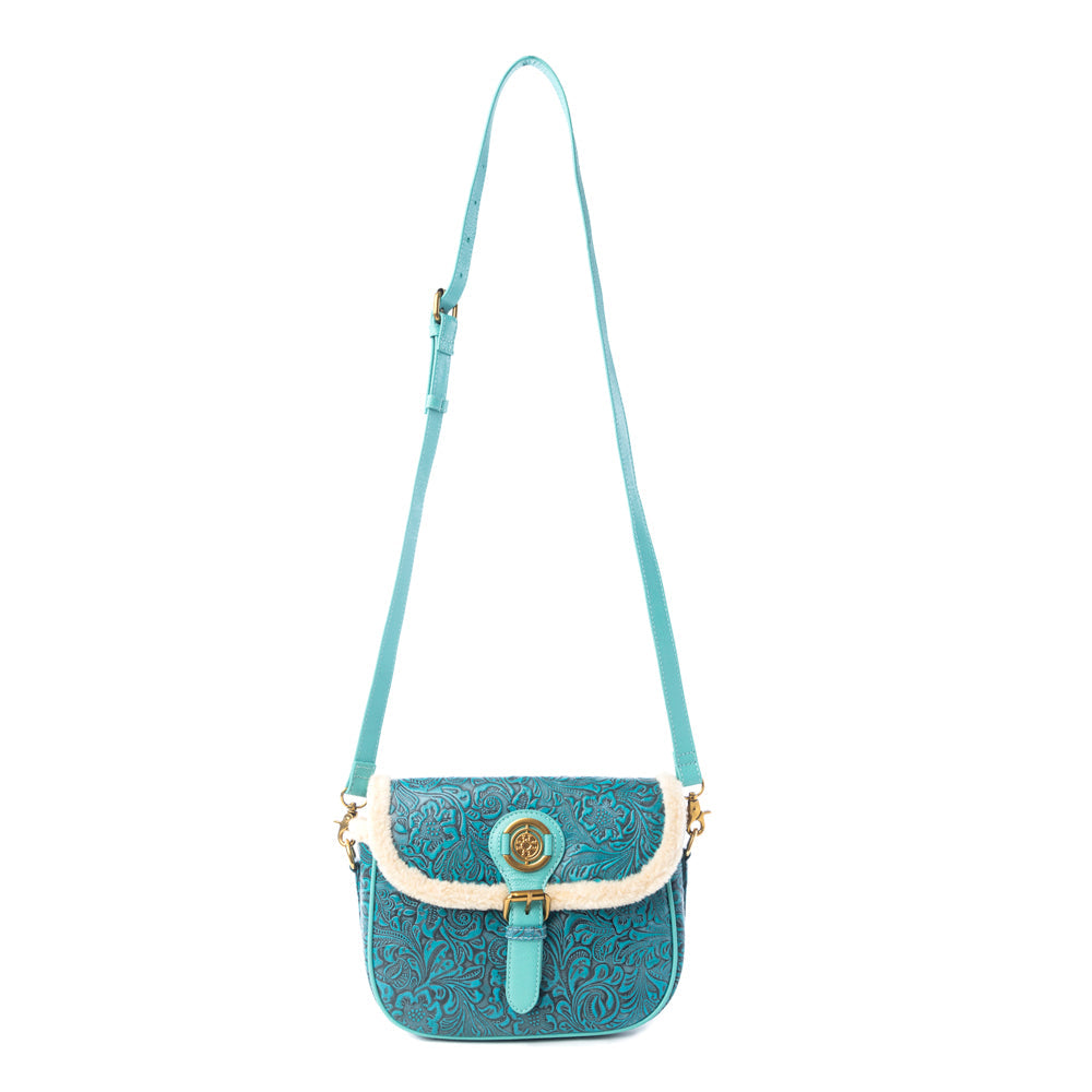 Myra Turquesa Rose Embossed Leather Crossbody Bag with Fur Accent in Cactus Bloom