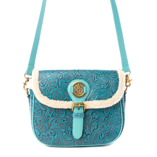 Myra Turquesa Rose Embossed Leather Crossbody Bag with Fur Accent in Cactus Bloom - Myra USA