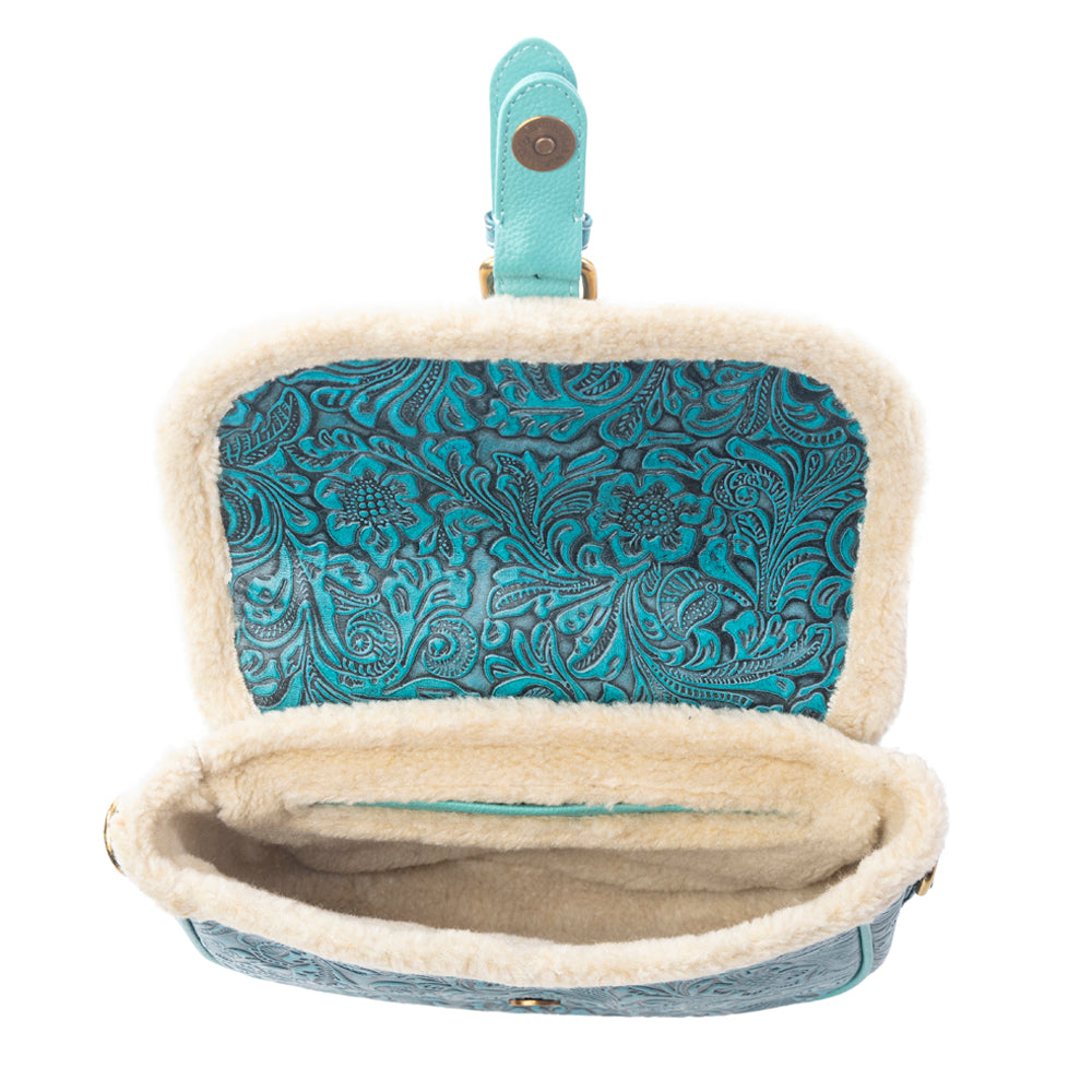 Myra Turquesa Rose Embossed Leather Crossbody Bag with Fur Accent in Cactus Bloom