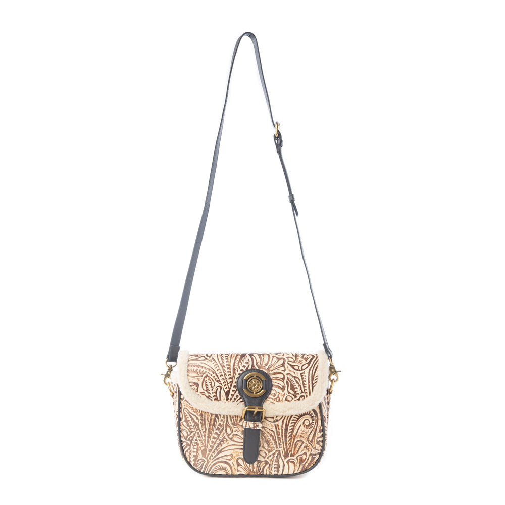 Myra Raven & Dune Embossed Leather Crossbody Bag with Fur Accent in Winter Ivory