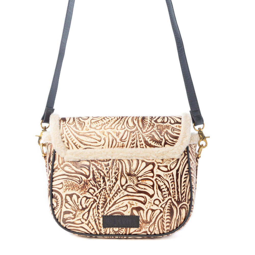 Myra Raven & Dune Embossed Leather Crossbody Bag with Fur Accent in Winter Ivory