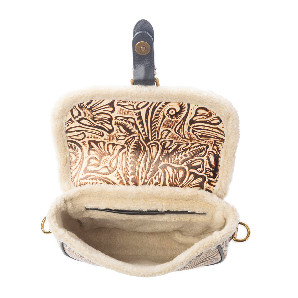 Myra Raven & Dune Embossed Leather Crossbody Bag with Fur Accent in Winter Ivory