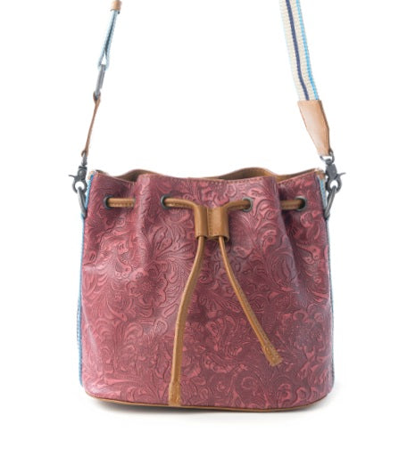 Myra Emberlace Embossed Leather Bucket Bag in Berry Rouge - Myra USA