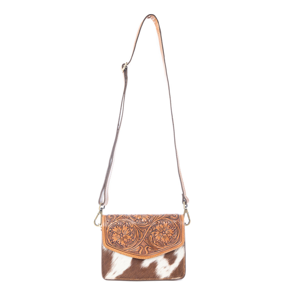 Myra Bridle Blossom Handtooled Hairon Leather Bag in Amber Carve