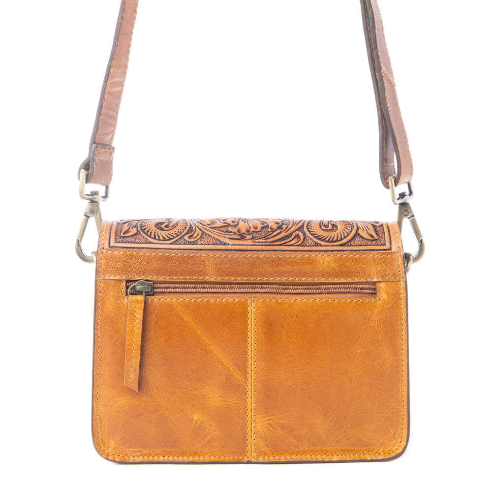 Myra Bridle Blossom Handtooled Hairon Leather Bag in Amber Carve