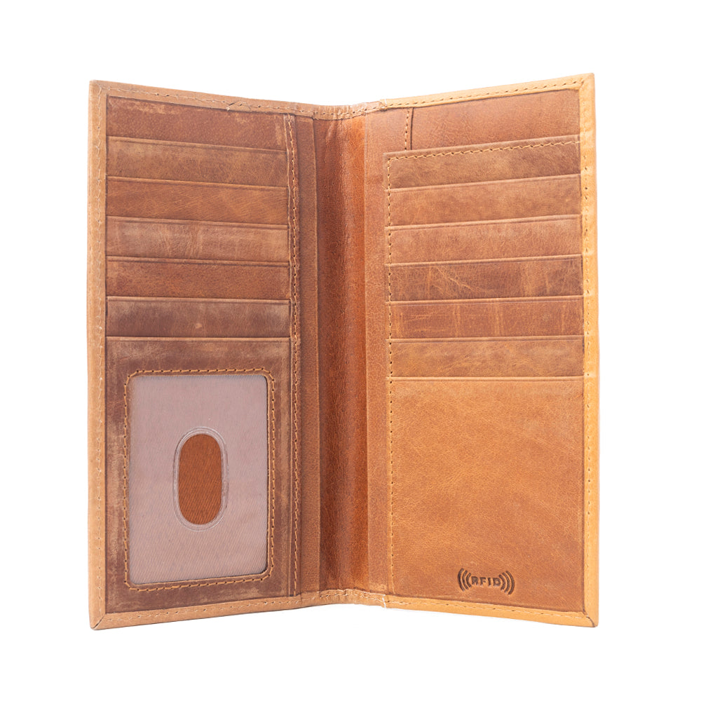 Myra Nomad's Emblem Handtooled Leather Wallet for Men in Walnut Emboss