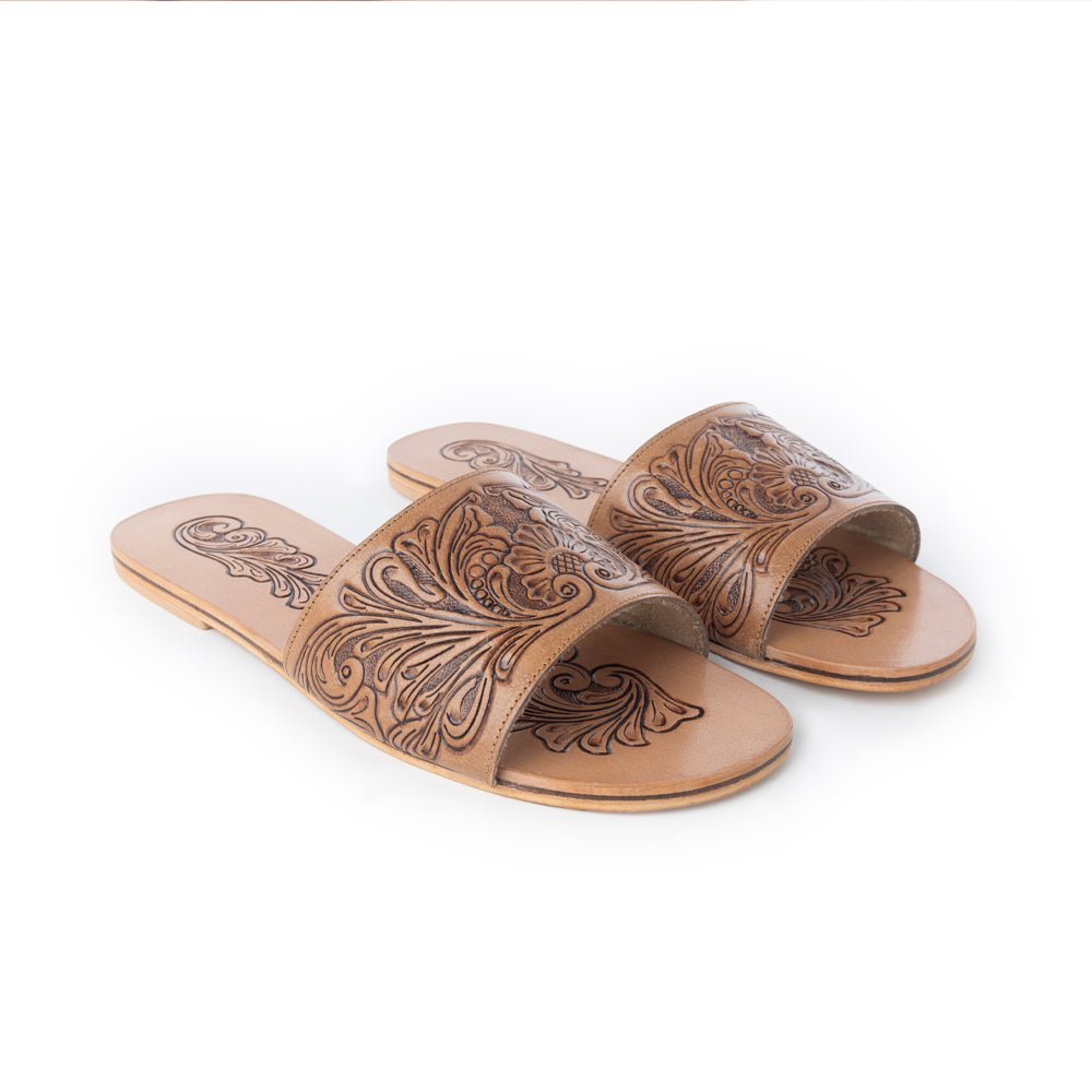 Myra Cactus Lace Handtooled Leather Sandals in Charred Brown - Myra USA